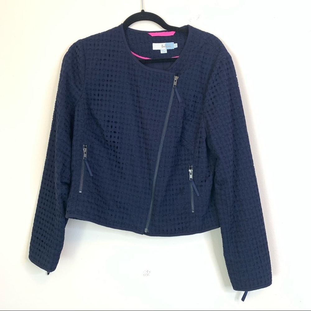 Boden Navy Lace- Eyelet Zip-Front. Moto Style Jacket